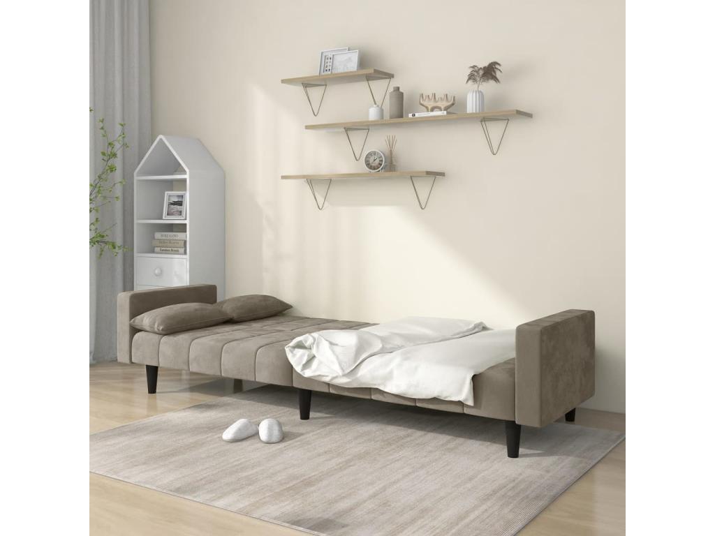2-seater sofa bed with two pillows, light grey velvet EGVJ41749