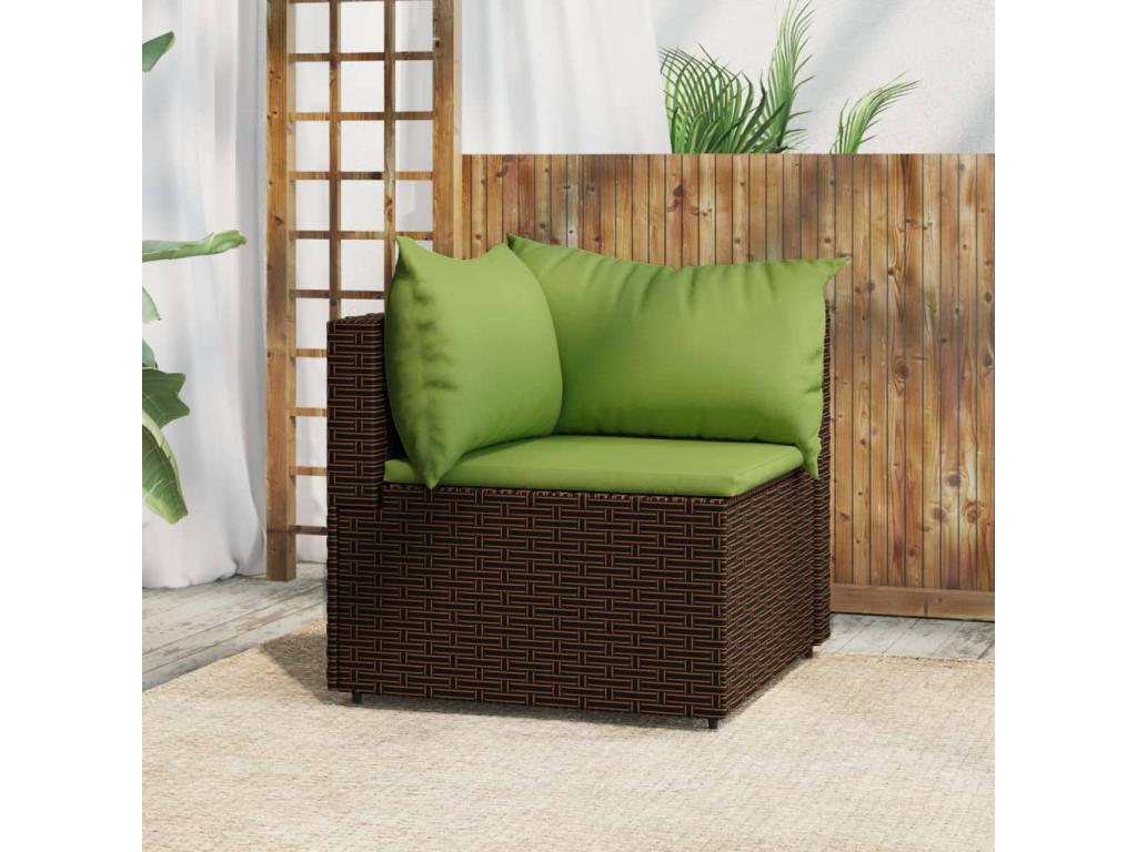 Corner garden sofa with brown cushions, woven resin VOQS59257