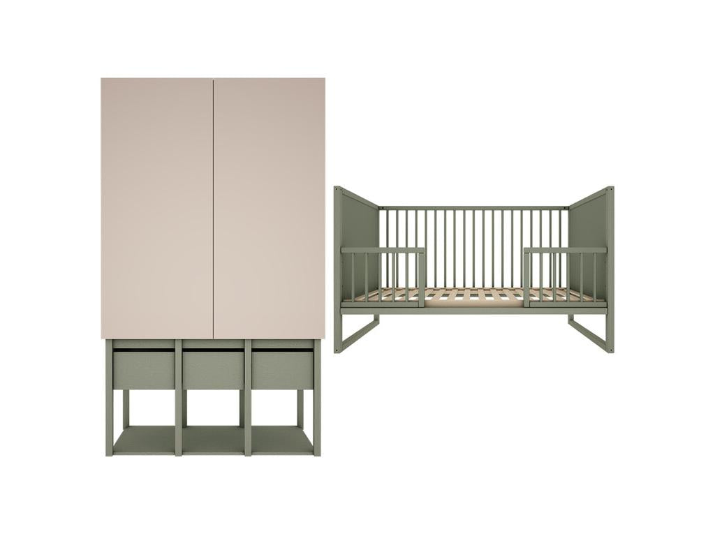 Convertible bed 70x140 and 2-door wardrobe Zensova Eucalyptus Green and Beige TNHW15806
