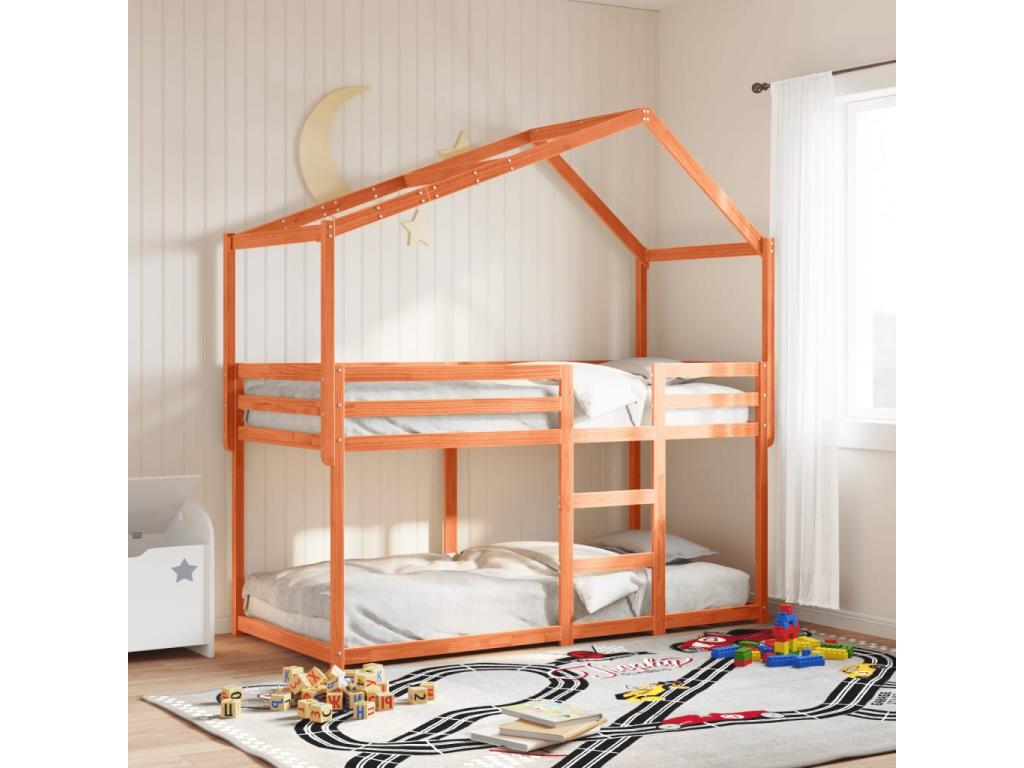 Bunk bed with brown waxed roof, 90x190cm, solid pine wood QYWX00314
