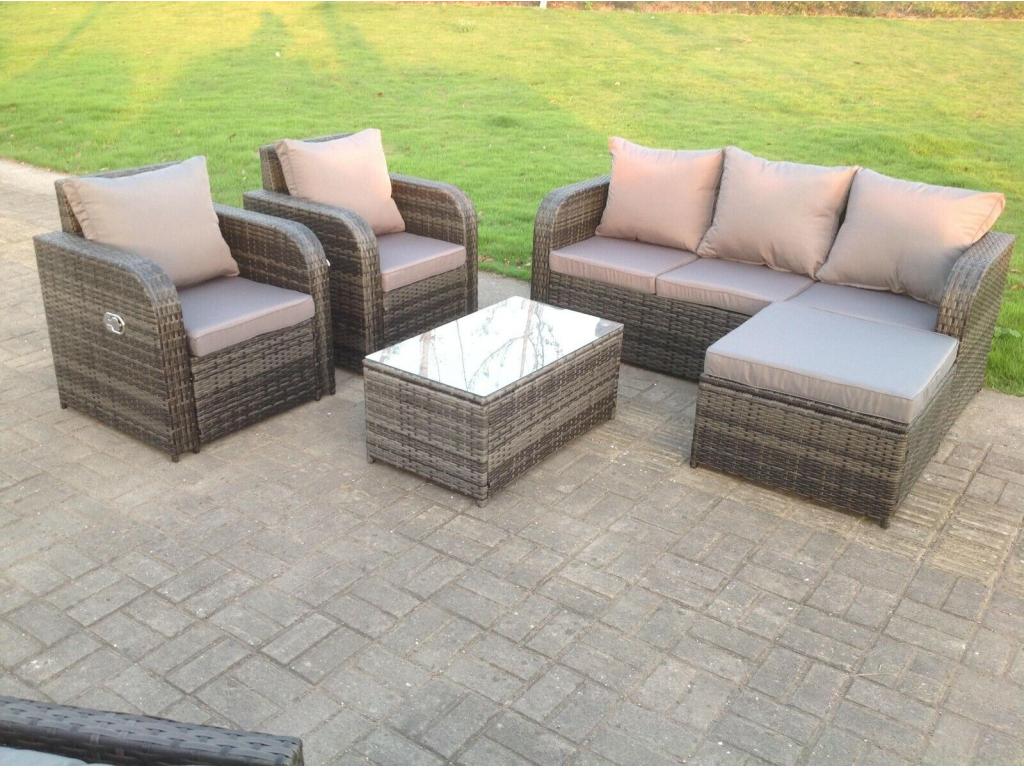 6-seater rattan garden furniture set with sofa, stools, rectangular table, coffee table, and chair. MéElariva dark grey WUZX09596