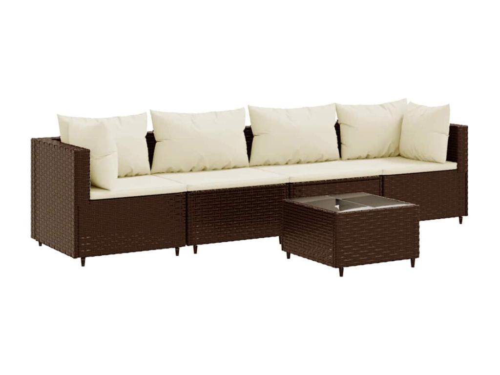 5-piece garden furniture set with cushions, brown woven resin, TYQB11050