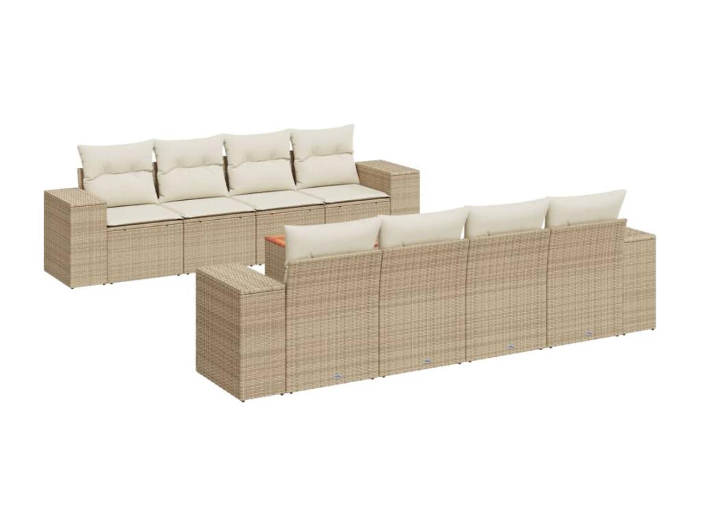 9-piece garden furniture set with cushions, beige woven resin PLPW52993