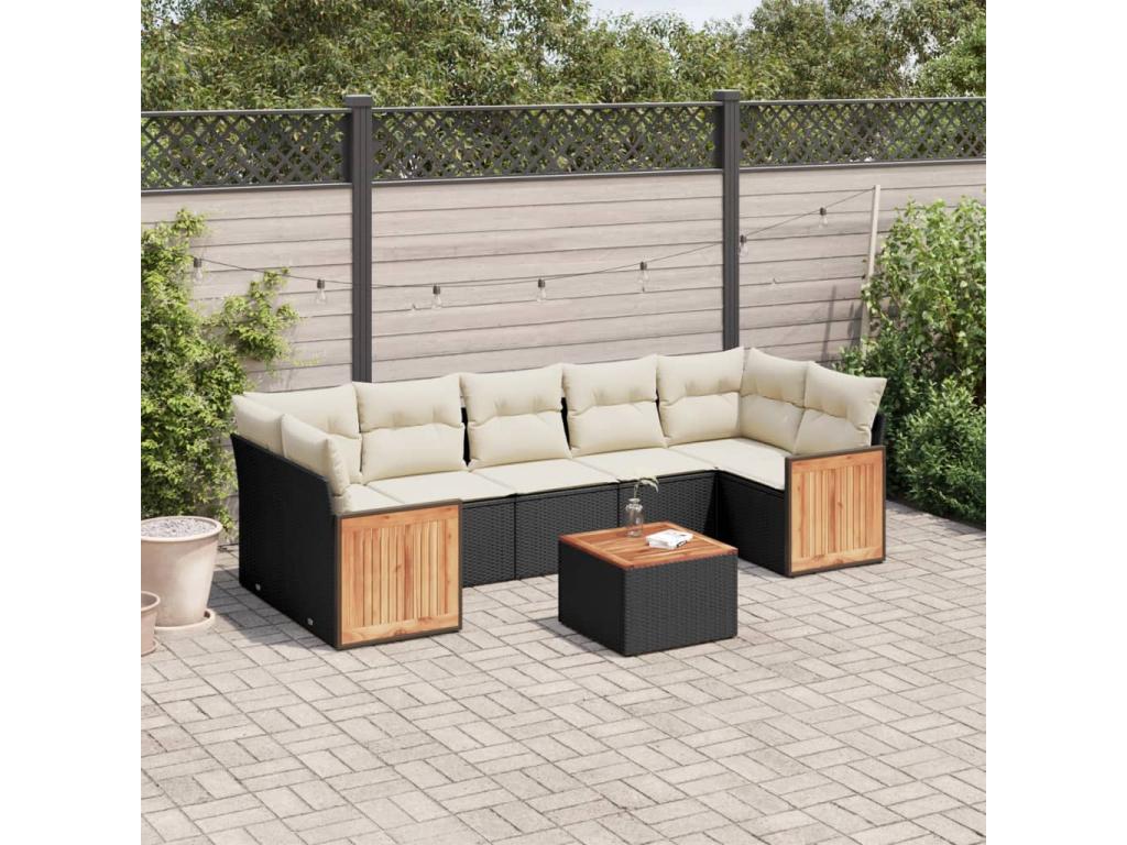 8-piece garden furniture set with cushions, black woven resin DSQL03595