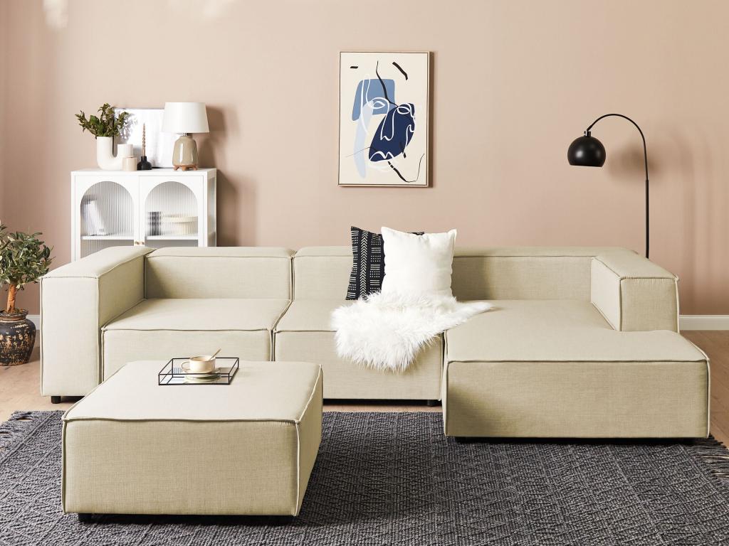 Right-hand corner modular sofa with 3 seats and ottoman in beige linen Lysvia NPMU98344