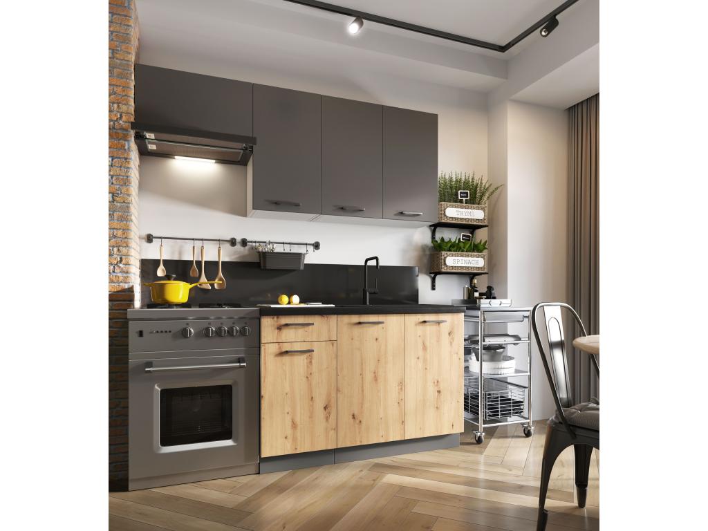 Lysvia 5-piece complete kitchen in matte grey/oak finish - Length 120/180 cm EQMO14000