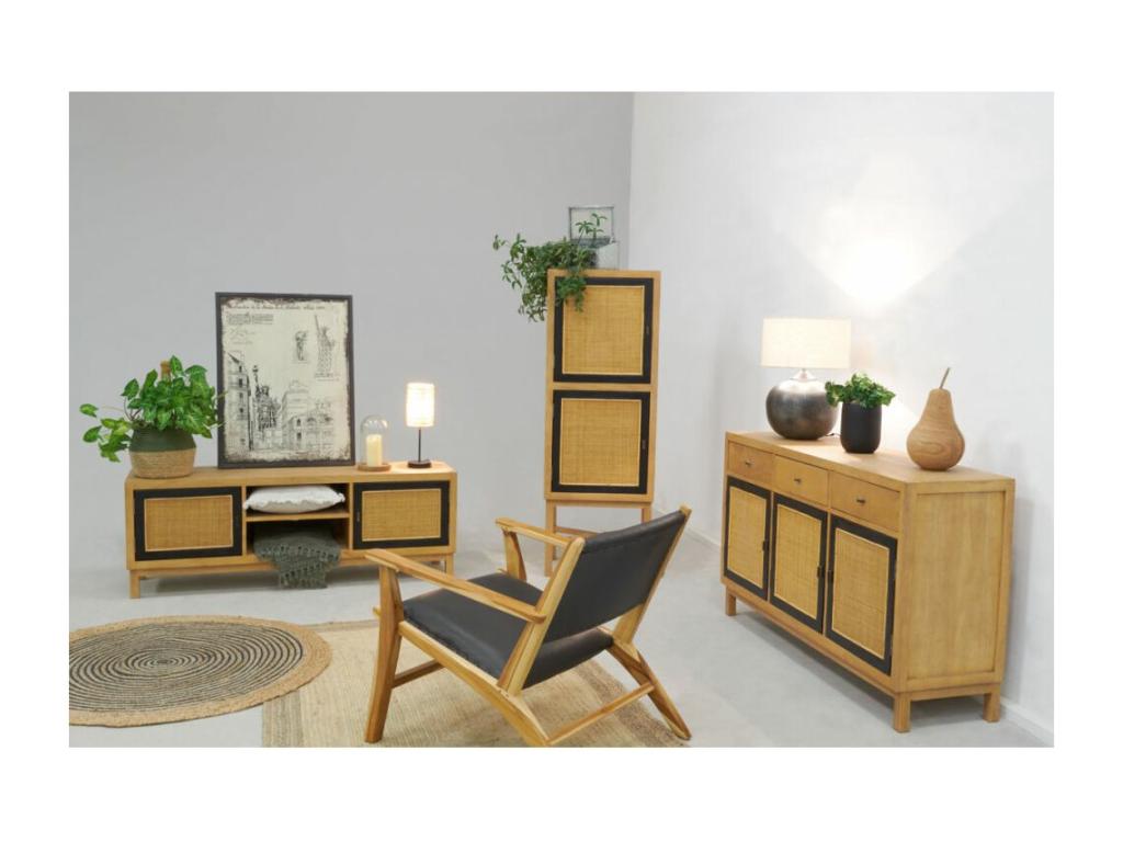 High chest of drawers in mango wood and caning FNTE80271