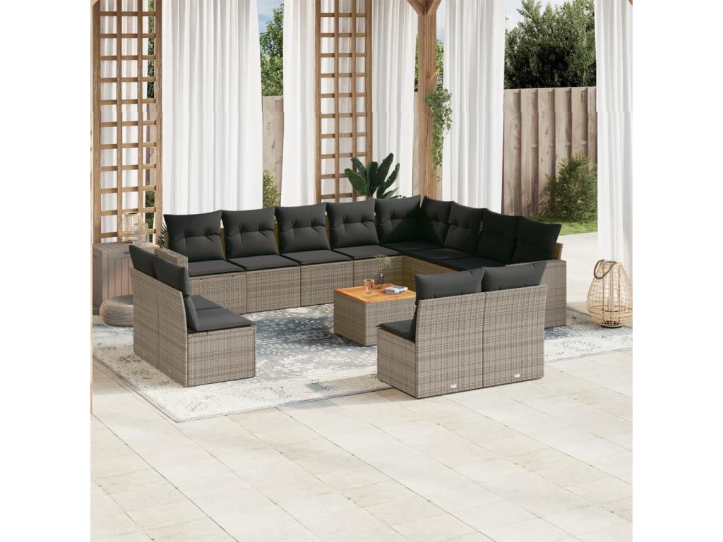 13-piece garden furniture set with cushions, grey woven resin ANQU44593