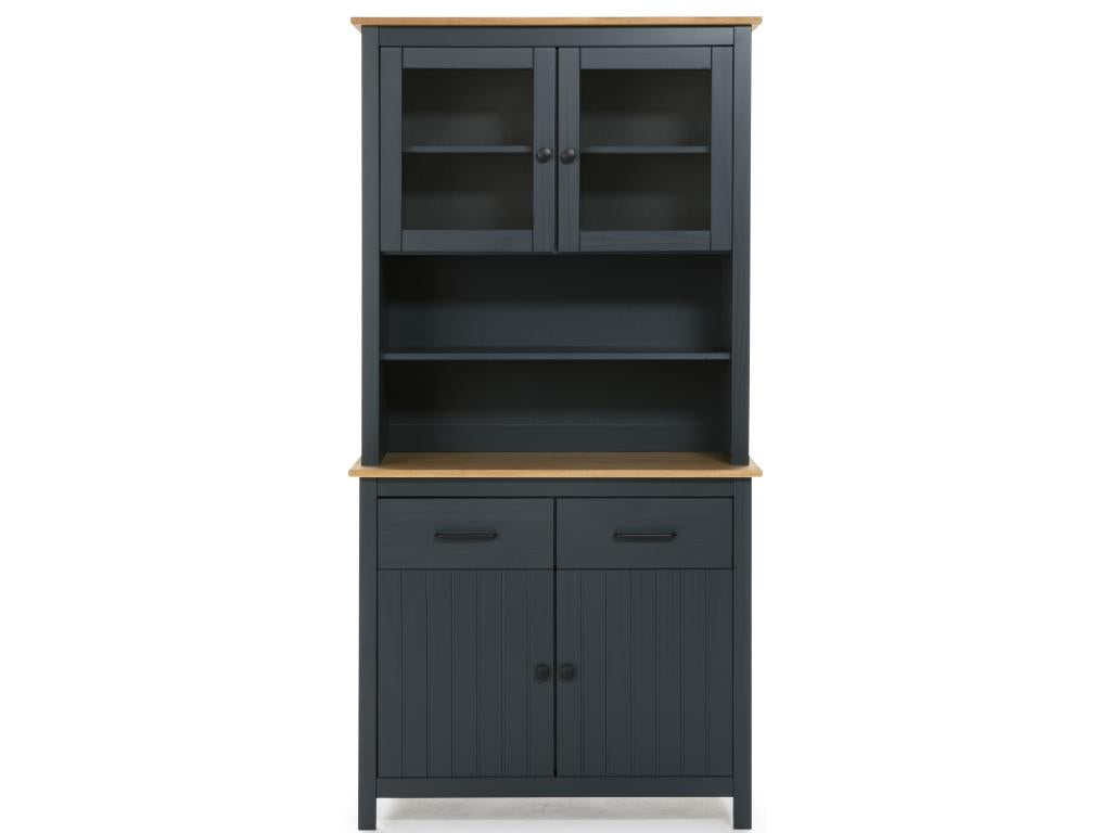 Solid pine display cabinet with waxed oak and blue finish - Length 90 x Depth 40 x Height 180 cm VUSL25954