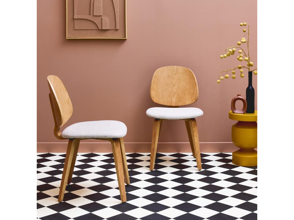 Set of 2 chairs with curved wood veneer, oak effect and light grey textured bouclé fabric ORRG48323