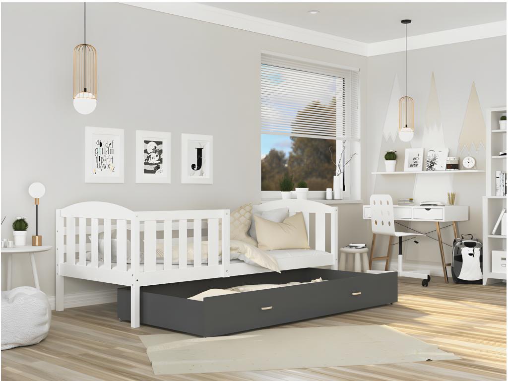 Zensova Children's Bed 90x190 White - Grey Delivered with drawer bed base and 7cm foam mattress NAFT35608