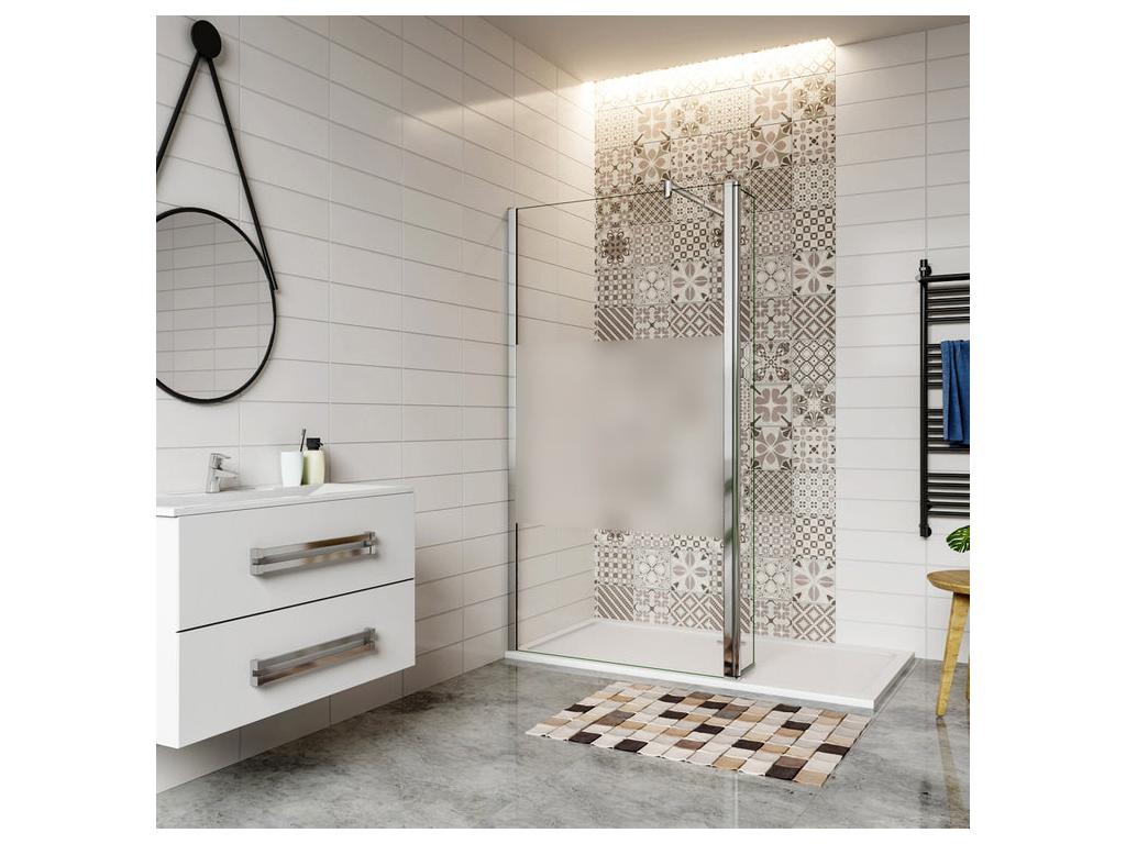 Walk-in shower enclosure with frosted glass center, 140 x 30 x 200 cm, with pivoting return and 70-120 cm cylindrical support bar, JMYF48231