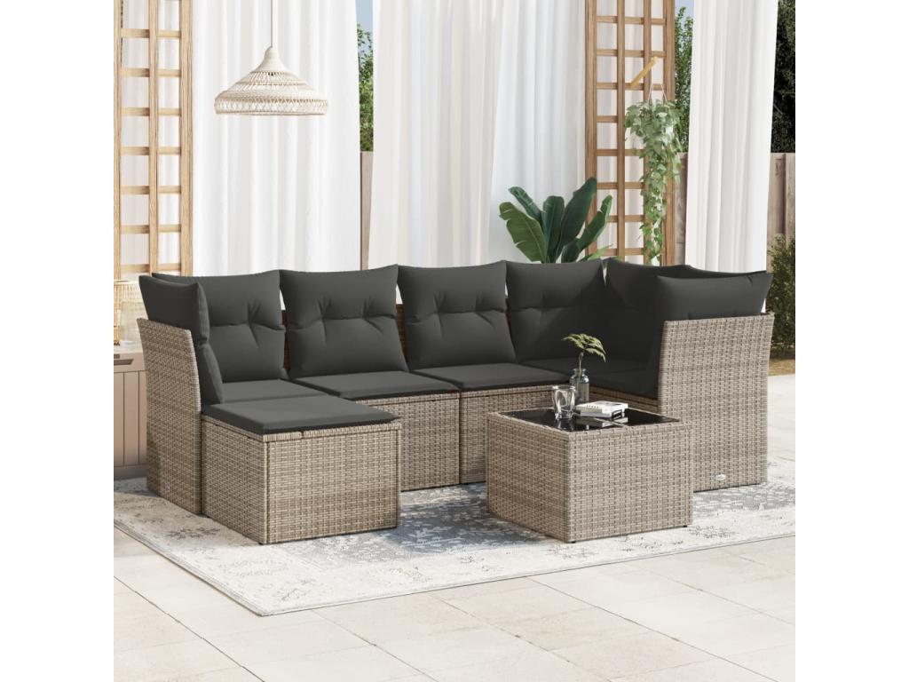Garden furniture set with cushions, 7 pieces, grey woven resin SMKF73693