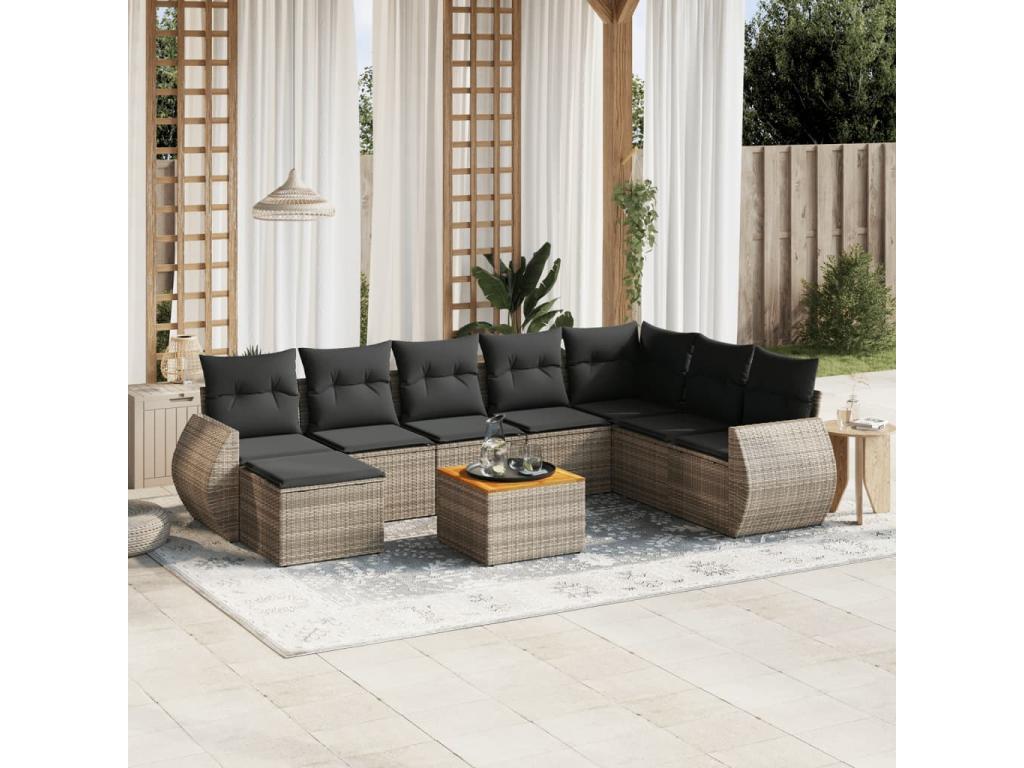 9-piece garden furniture set with grey resin wicker cushions ZIJF56578