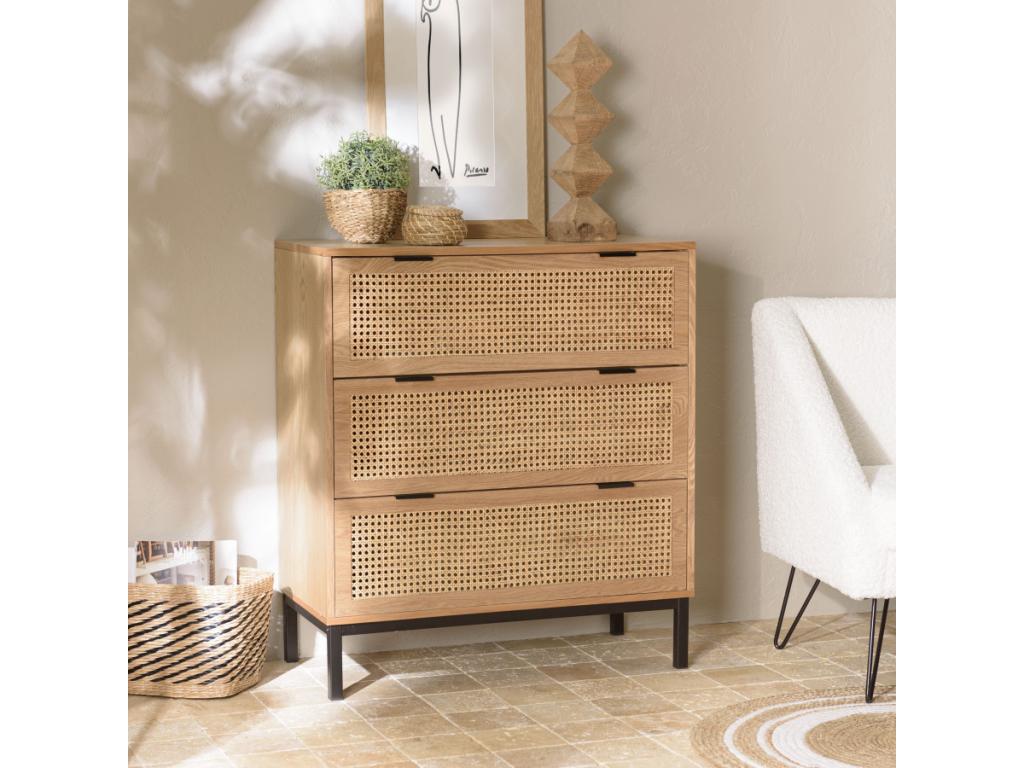 Elariva - 3-drawer chest with natural cane detailing and black metal legs ZTLY16390