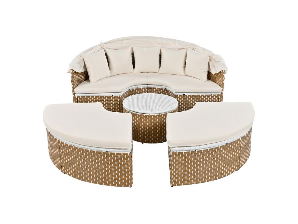 Round garden furniture set - PE rattan sofa with adjustable canopy - 4 seats and 1 coffee table - Beige YLHC30283
