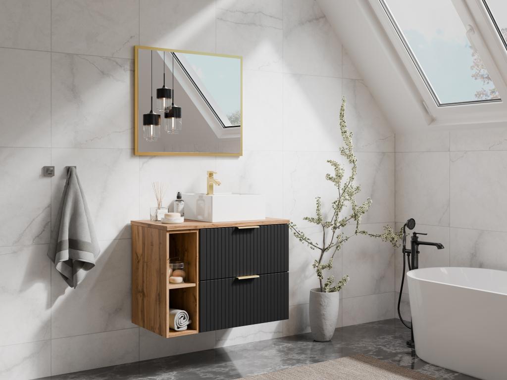 Wall-hung vanity unit with ribbed design and niches - Zensova and light natural finish - W80 cm - Zensova FPFP16726
