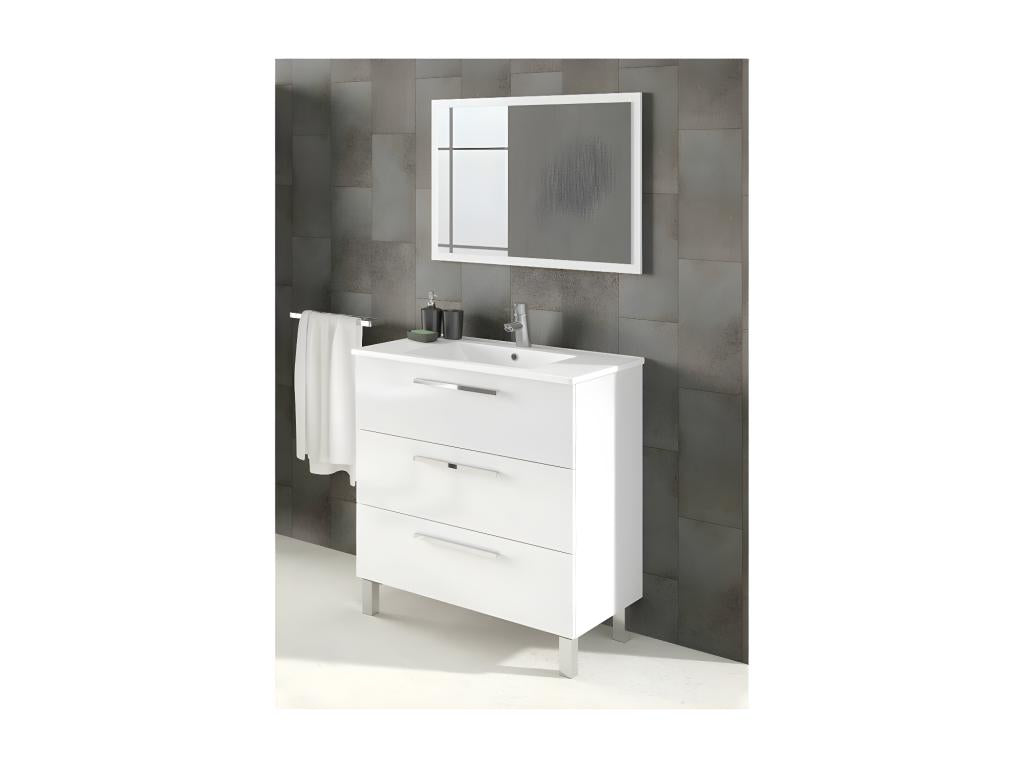 Vanity unit with 3 drawers, 80 cm wide, with sink and mirror, white - Zensova MLWU19296