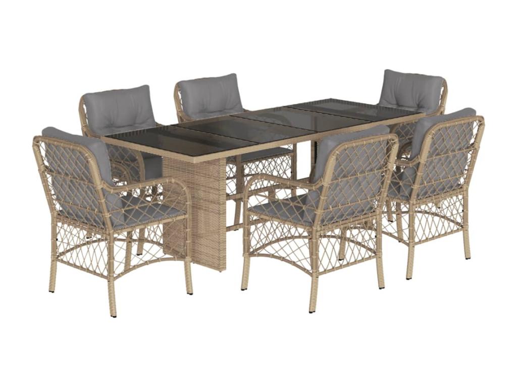 7-piece garden dining set with cushions, meElariva beige rattan NBCT90126