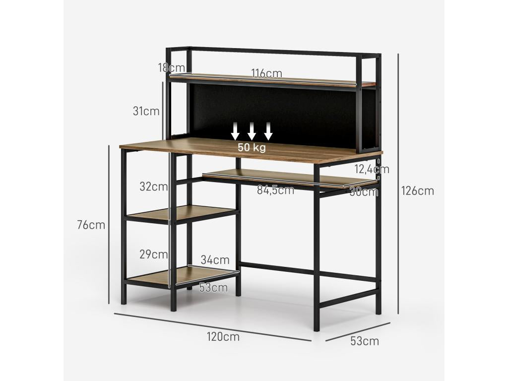 Industrial design computer desk with 4 shelves, large top and black metal panel with wood-effect finish VOVZ19462