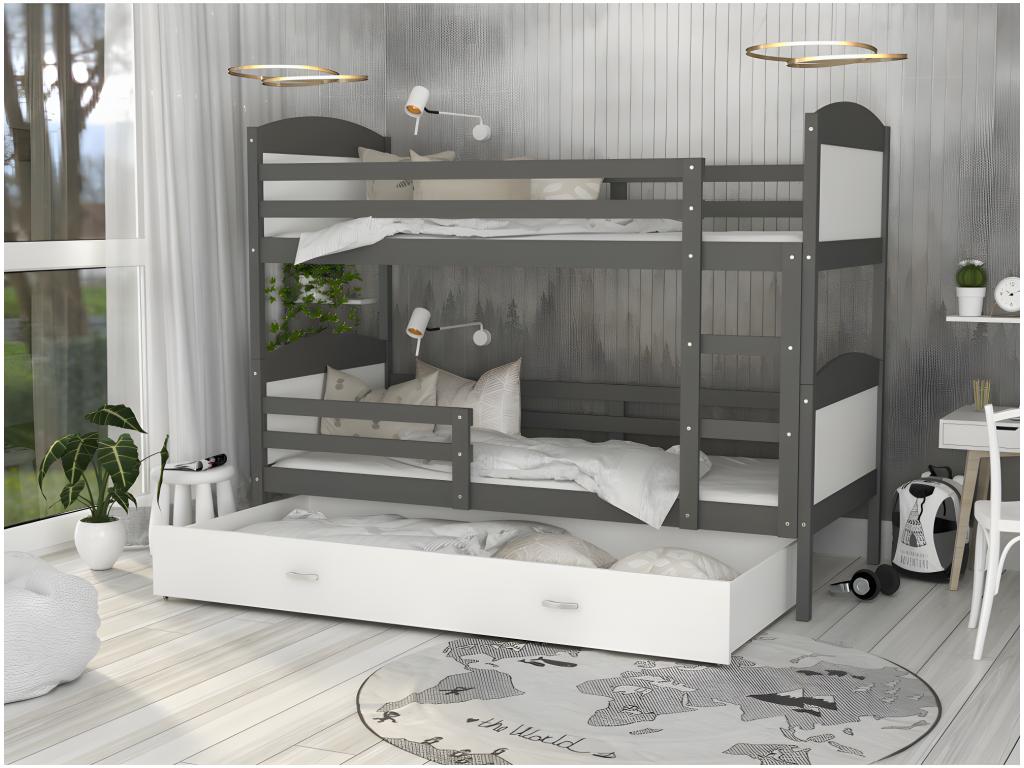 Zensova Bunk Bed 90x190 Grey - White Delivered with slatted bed bases, drawer and 7cm foam mattress DJSI01284