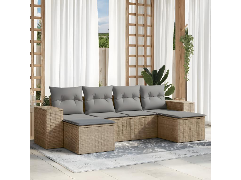 Garden furniture set with cushions, 6 pieces, beige woven resin, SERL92553