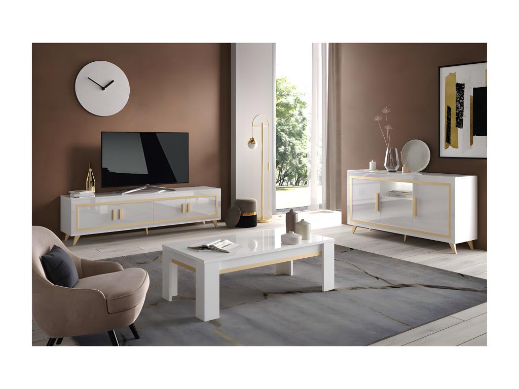 Zensova - White Living Room Set with Gold Decor, TV Stand, Sideboard with LEDs, Coffee Table TUEQ44356