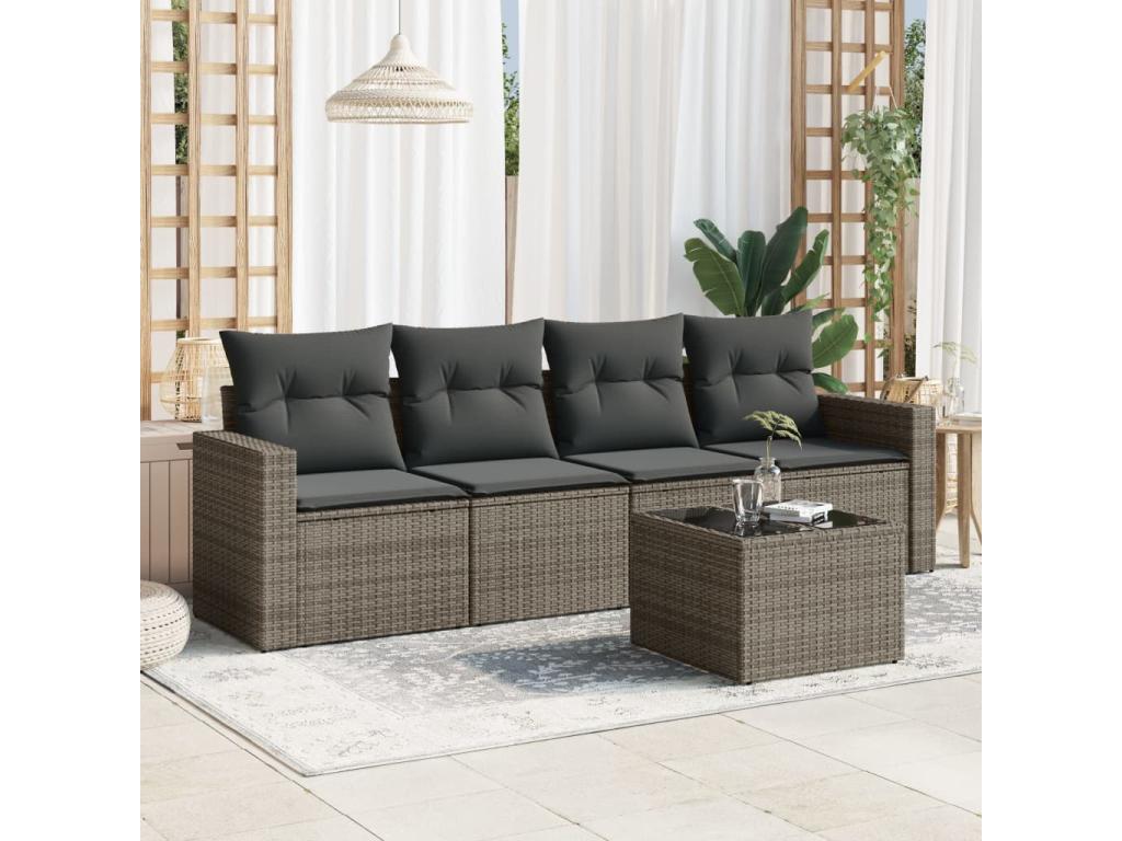 5-piece garden furniture set with grey resin wicker cushions XAQN87372