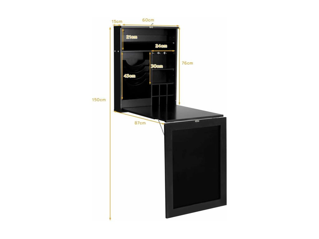 Wall-Mounted Folding Desk with Integrated Compartments and Writable Top, 87x60x150 CM, Black, VGXE90941