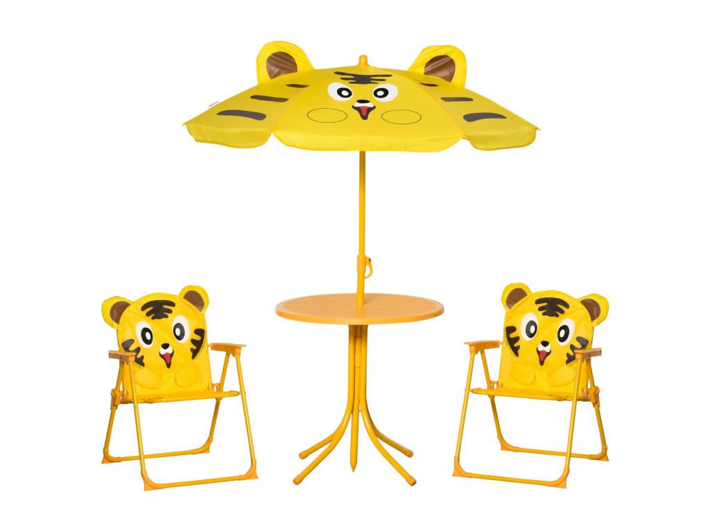 Children's 4-piece tiger design garden furniture set - round table, 2 folding chairs, parasol - Zensova yellow epoxy-coated metal LIZP70254