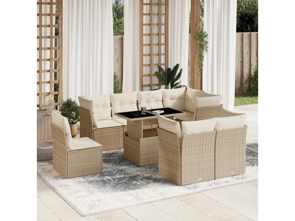 9-piece garden furniture set with cushions, beige woven resin, GUBE26277