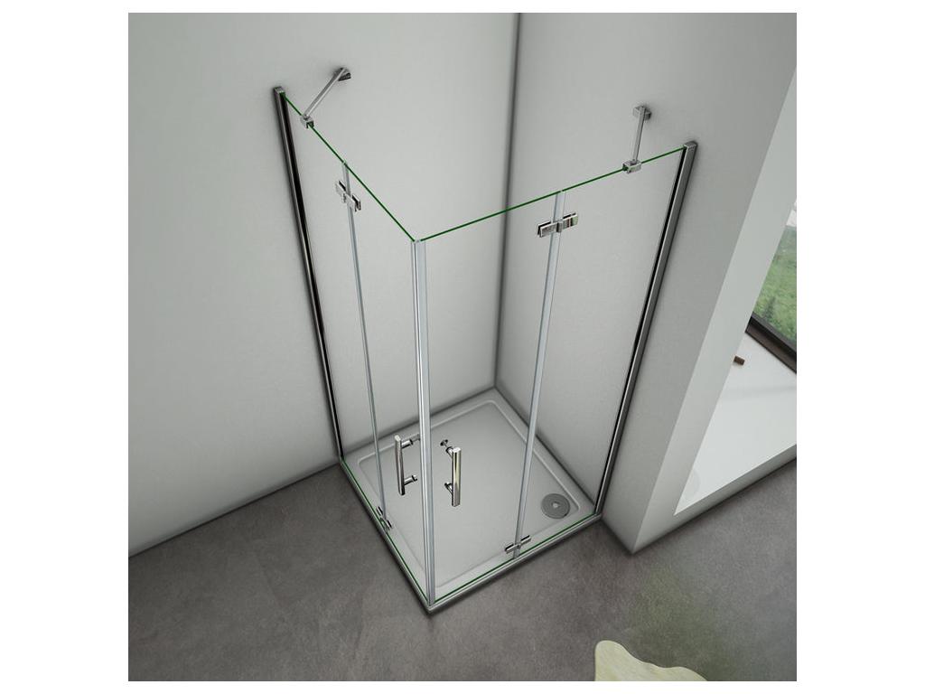 Hinged shower enclosure 90x80x185cm in 6mm tempered glass with anti-limescale coating, pivoting shower door with small fixed corner bar PNLA13773