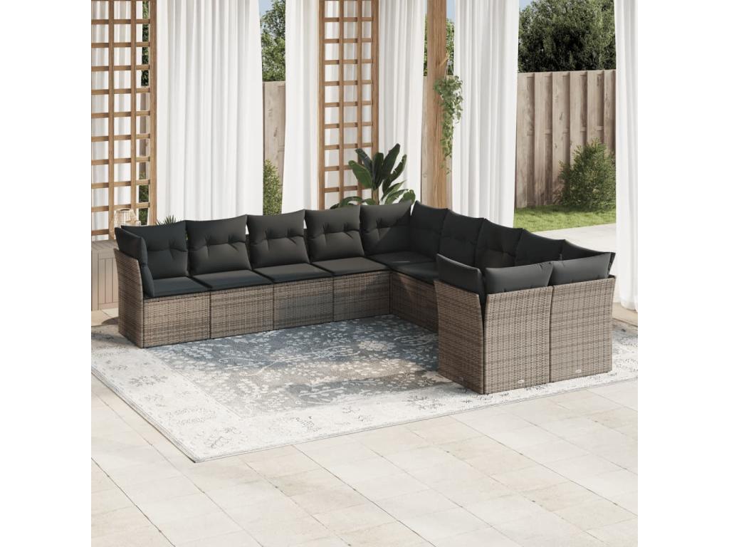 10-piece garden furniture set with cushions, grey woven resin BWGX68696