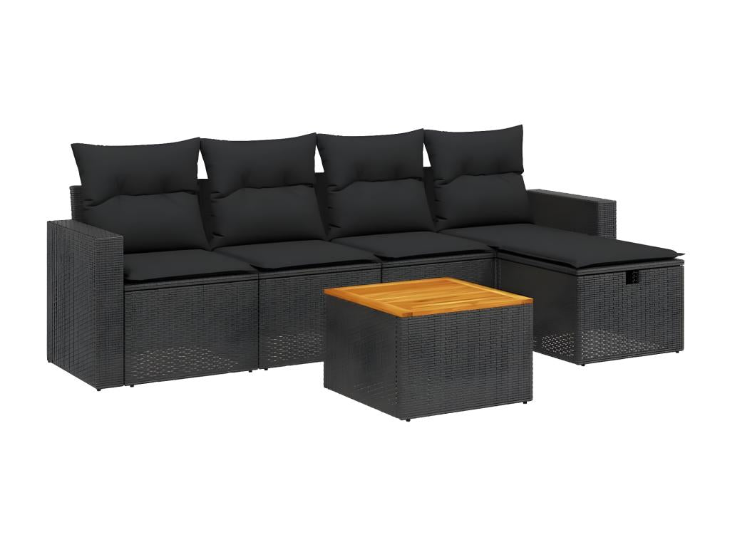 6-piece garden furniture set with cushions, black woven resin HRMX23915