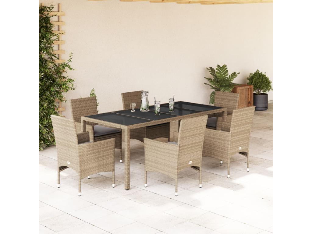 7-piece garden dining set with cushions, beige rattan and glass, UOZV53800