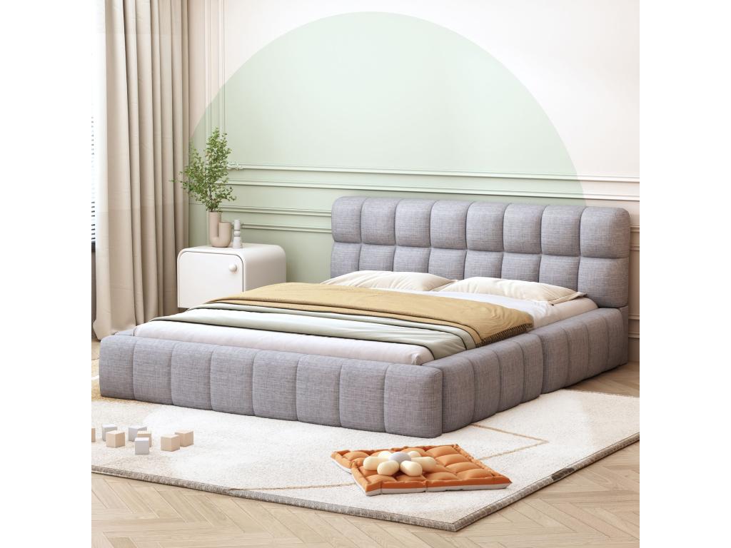 Upholstered double bed 140x200 cm with soft backrest, upholstered bed frame, linen grey, mattress not included YHTD28698