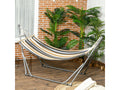 Folding garden hammock with epoxy-coated steel frame and brown, black, grey, and white cotton-linen canvas GXJU56794