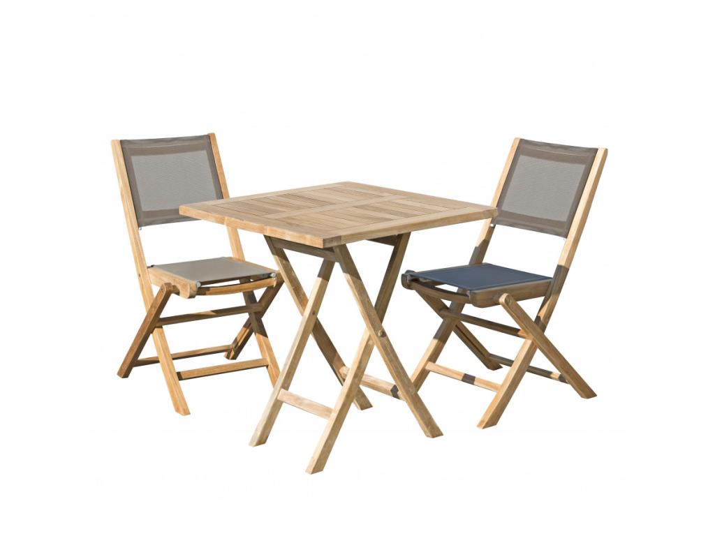 Elariva - Teak Wood Garden Furniture Set for 2 People - Garden Set - 1 Folding Square Table 70cm and 2 Textilene Chairs Elariva TDJZ87302