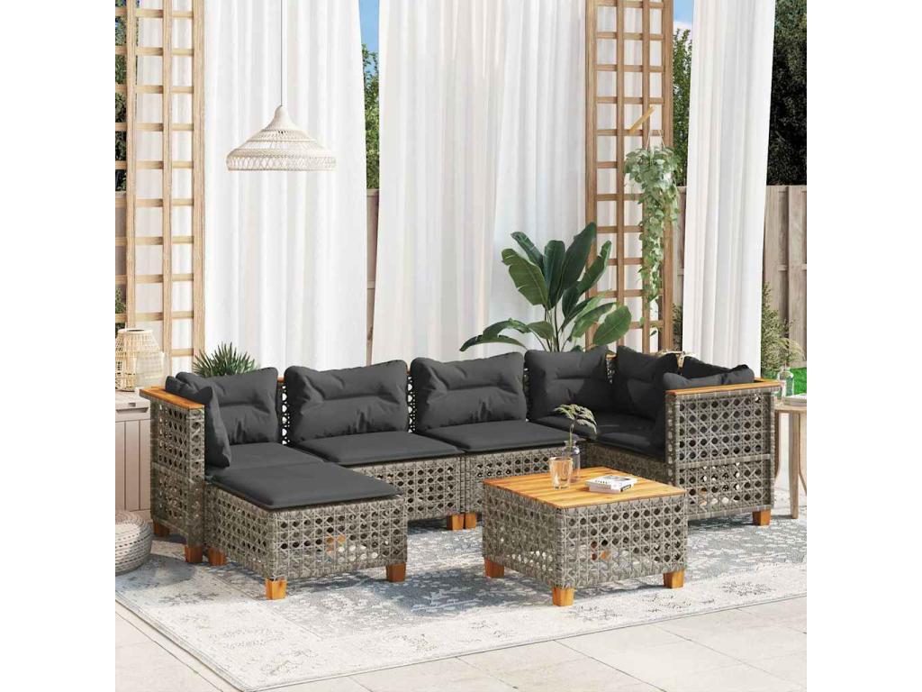 7-piece garden furniture set with cushions, grey woven resin BVLR55294