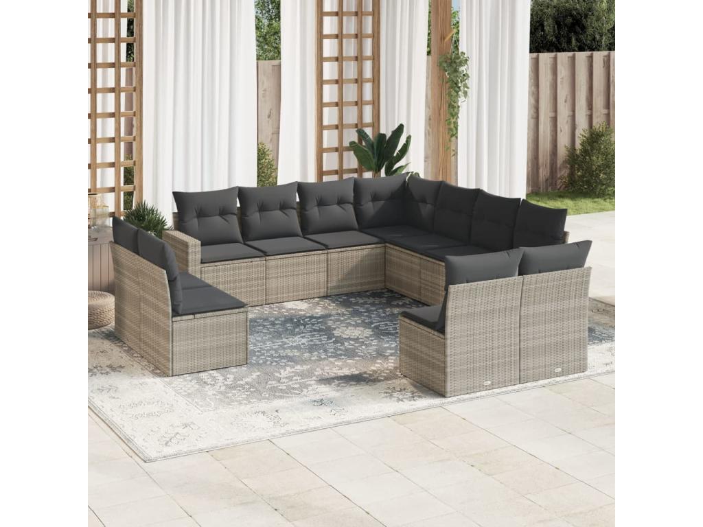 11-piece garden furniture set with light grey cushions, woven resin XUMC92005