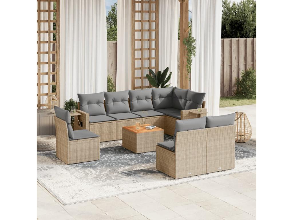 Zensova 9-piece garden furniture set with cushions, beige woven resin, JWKF22243
