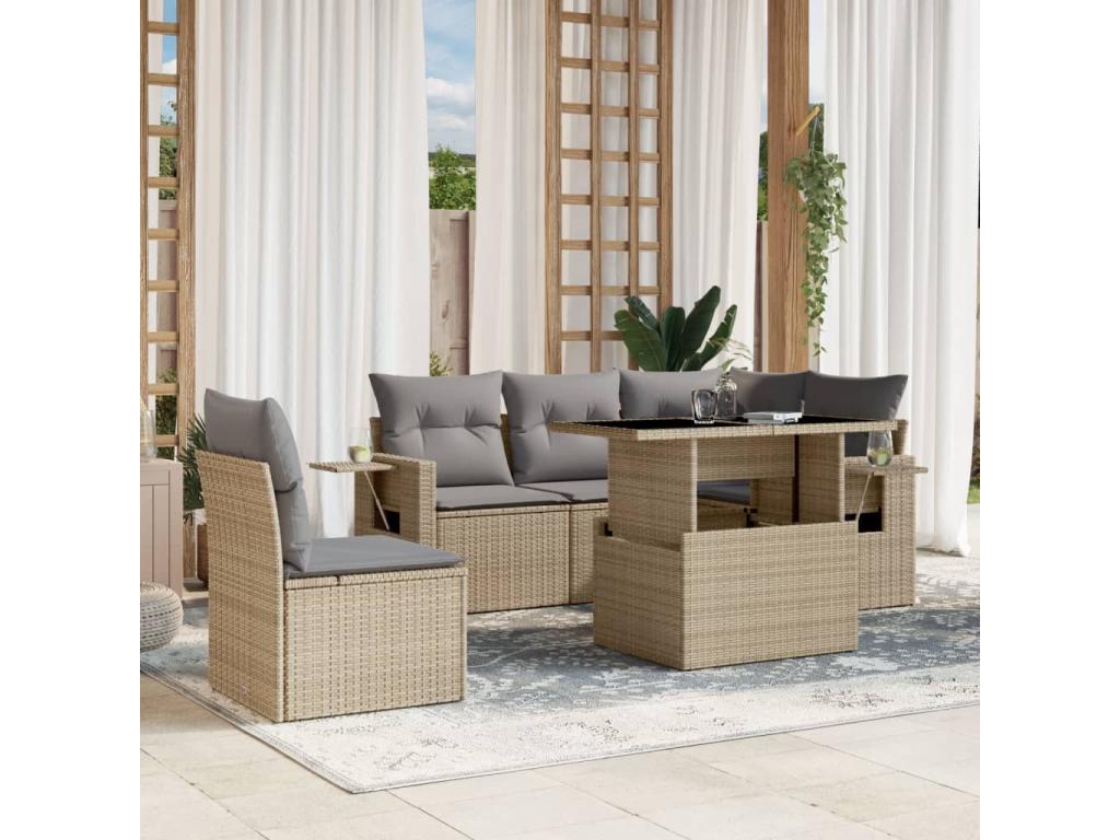 6-piece garden furniture set with cushions, beige woven resin CQGC71724