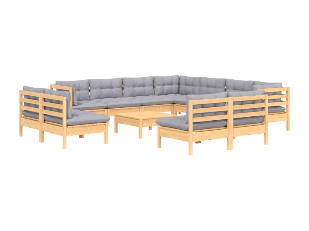 12-piece garden furniture set with grey cushions, solid pine wood AQHZ36457