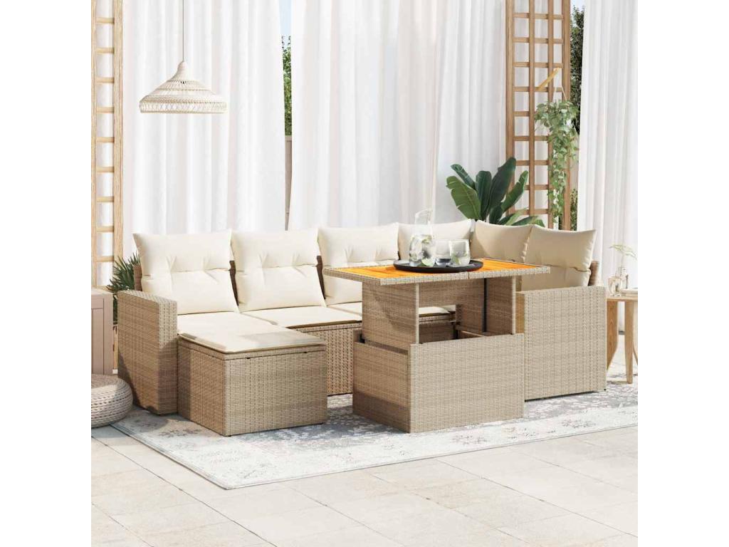 7-piece garden furniture set with cushions, beige woven resin NJLF38409