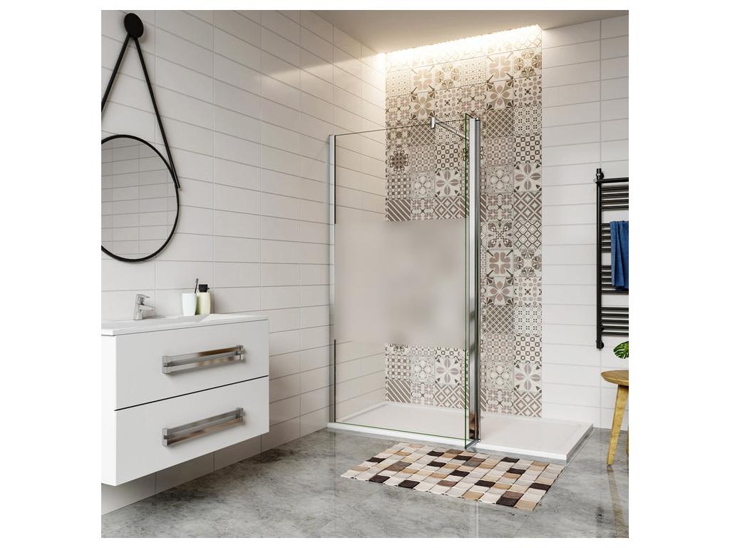 Walk-in shower enclosure with frosted glass center, 140 x 30 x 200 cm, with pivoting return and 70-120 cm cylindrical support bar, JMYF48231