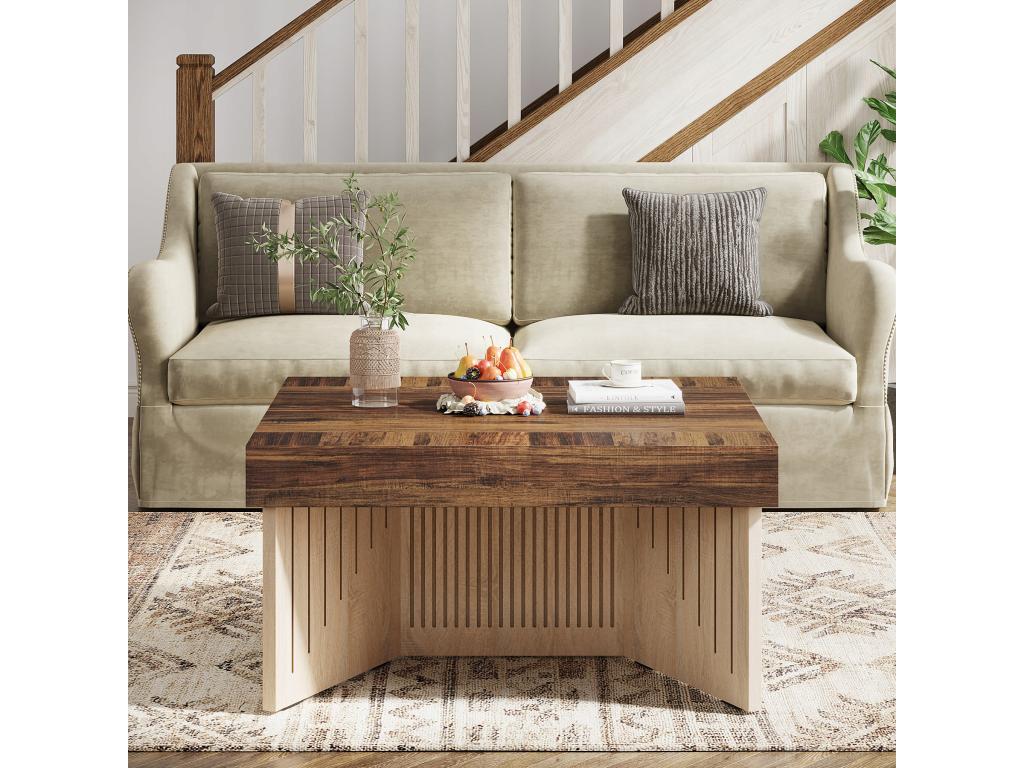 Elariva 90cm Square Wooden Coffee Table, Farmhouse Style Centerpiece with Engraved Lines, Coffee Table for Living Room QCMJ90205