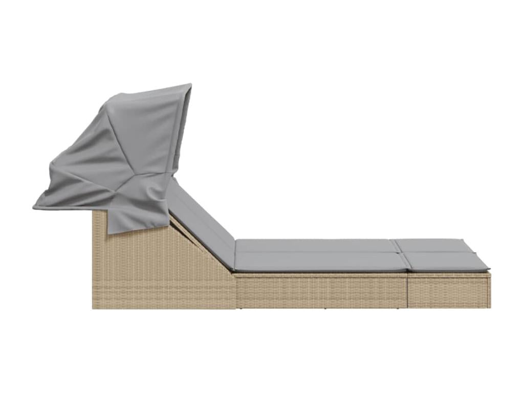 Double chaise longue with canopy and beige poly rattan cushions ZLJQ84320