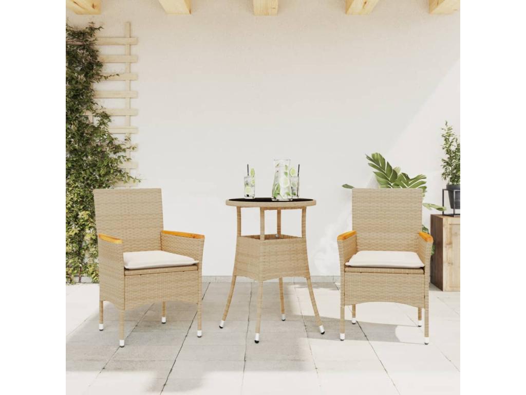 3-piece beige rattan and glass garden dining set and cushions YUXH54639