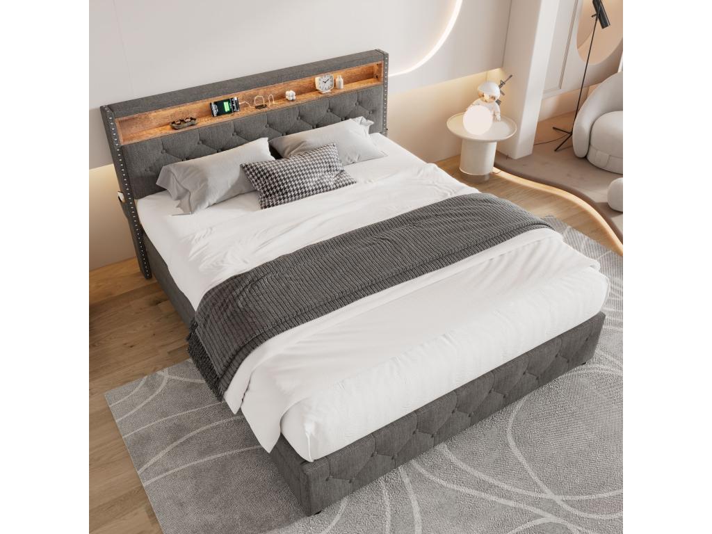 Upholstered bed with 4 drawers and shelf - 160x200 cm - LEDs and USB - Zensova linen - Zensova - grey JXQF81795
