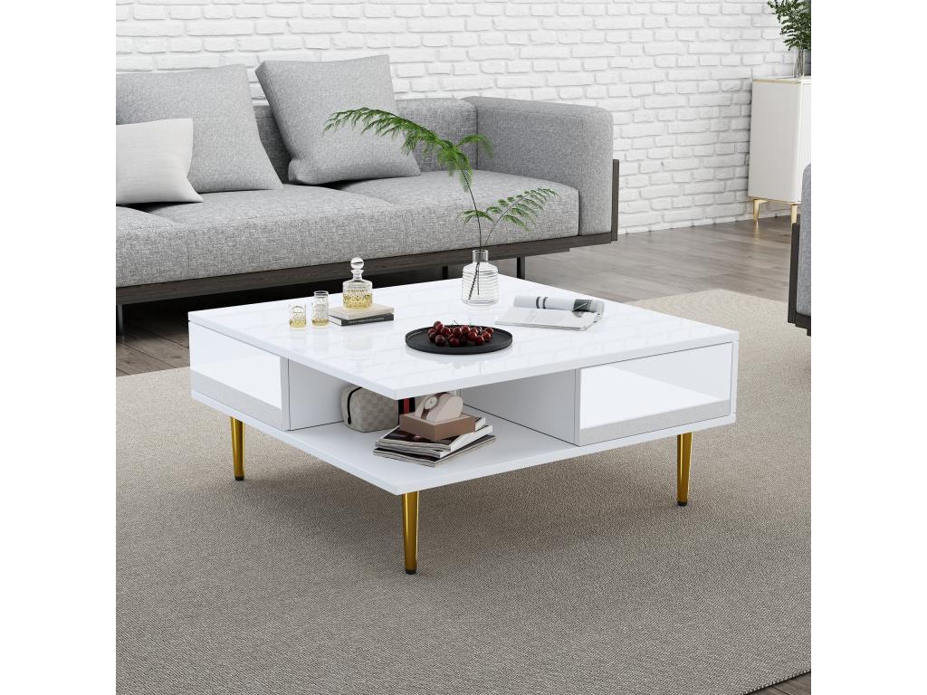 Square coffee table with 2 drawers and 2 open compartments - 70x70x36 cm - Gold legs - Glossy white EDYH55776